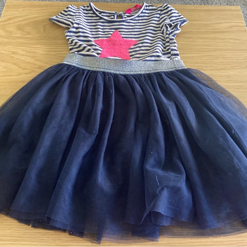 Striped Dress with Pink Star and Navy Tulle Skirt